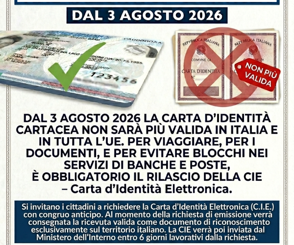 Fine validità della Carta d’Identità Cartacea dal 3 agosto 2026